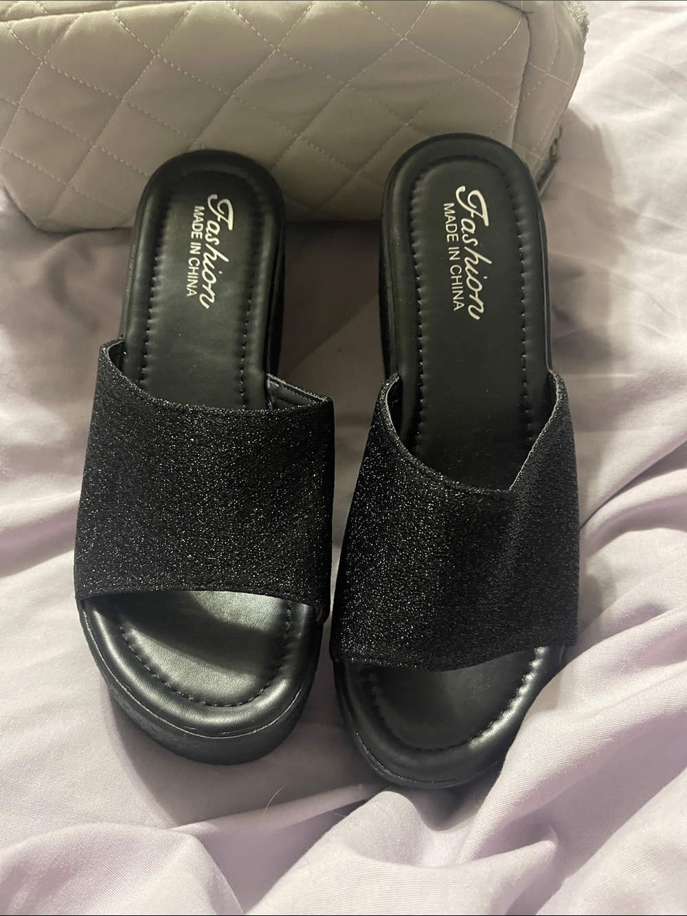 Black Glitter Slide Mules -